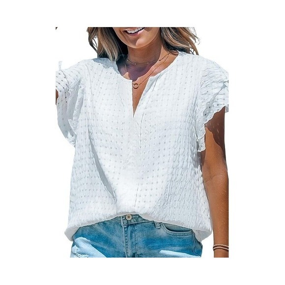 CUPSHE Tops for Women V Neck Eyelet Shirt Casual Hollow‎ Out Ruffle T-Shirt M - Picture 1 of 7